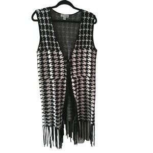 Attitudes by Renee Houndstooth Vest Fringe Detail Blk/Wht Womens Size M